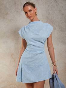 COSMINA Women's Floral Embroidery Stand Collar Batwing Sleeve Ruffle Hem Mini Dress Baby Blue Dress