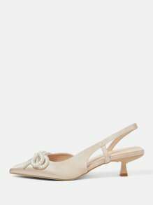 CUCCOO HITCHD Women's Pearl Bow Pointy Toe Kitten Heels, Elegant Sweet Romantic Apricot Satin High Heels For Brides, Bridesmaids, Afternoon Tea, Date, Graceful Outfit, Wedding Season - Apricot - View 11