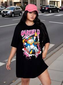 GARFIELD | SHEIN Plus Size Letter & Cartoon Graphic Round Neck Short Sleeve Dress