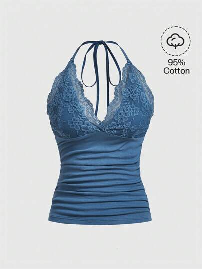 Top halter con encaje en contraste fruncido