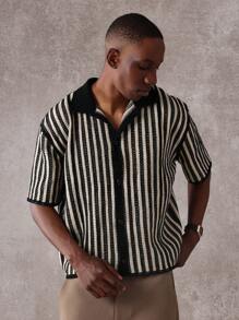 SUMWON Designer Crochet Stripe Pattern Short Sleeve Collared Polo Sweater, Retro Vintage Style Spring Summer Knit Top, Casual Everyday Wear - Black and White - View 1