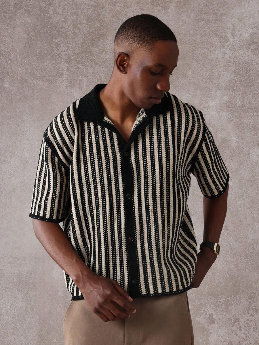 SUMWON Designer Crochet Stripe Pattern Short Sleeve Collared Polo Sweater, Retro Vintage Style Spring Summer Knit Top, Casual Everyday Wear - Black and White - View 1
