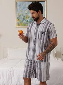 DAZY Striped Multi-Color Label Decoration Shirt Matching Men's Summer Pajama Set - Multicolor - View 3