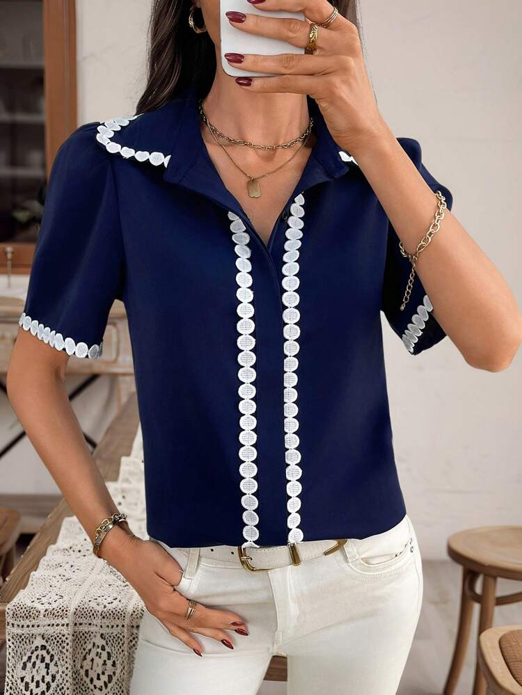 Women's Embroidered Design Short Puff Sleeve Casual Blouse Summer Tops