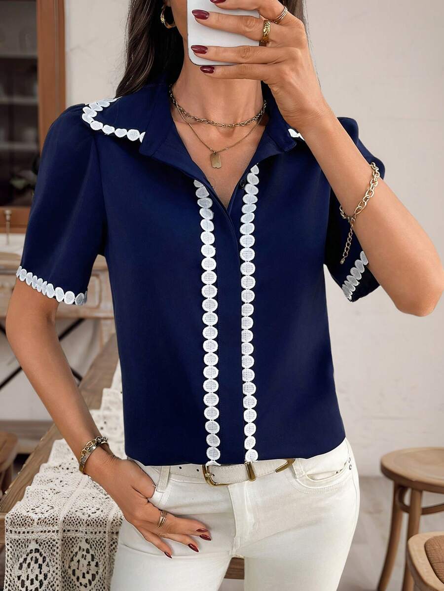 EMERY ROSE Women's Embroidered Design Short Puff Sleeve Casual Blouse Summer Tops - Black - View 1