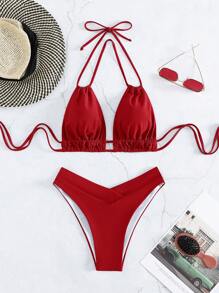 Swim Basics 女士纯色挂脖比基尼套装 - 紅色 - 查看 4