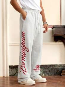 Manfinity VCAY Men's Casual Knitted Loose Ash White Straight Leg Letter Printed Pants, For Summer - Grey - View 1