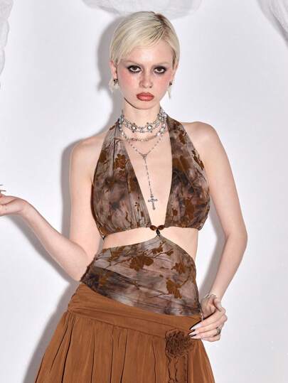 Hippie Top de tirantes semitransparente con diseño floral estampado y teñido anudado vintage para mujer