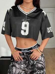 Coolane Camiseta versátil de corte cropped con estampado de letra de jersey de fútbol vintage deportivo de estilo callejero de la época Y2K para mujer