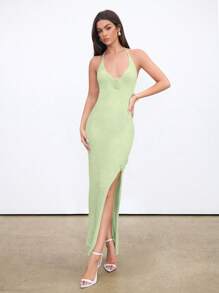 Aloruh Elegante vestito da donna con scollo a V, senza schienale, con spacco alto e stampa floreale, adatto per vacanze e momenti sexy - Verde - Visualizzare 3