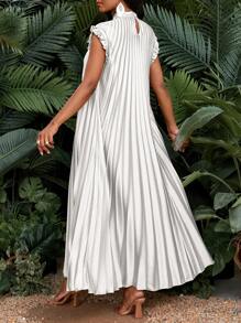 SHEIN Lady فستان نسائي أبيض من الساتان مطوي بأكمام قصيرة متوسط الطول، فضفاض وكاجوال للعطلات والمناسبات الأنيقة، مناسب للاستخدام في جميع المواسم، فستان عيد ميلاد/فستان مكتبي/فستان زفاف/فستان مهرجان/فستان مقاسات كبيرة لضيوف الزفاف - الأحمر - مشاهدة 2