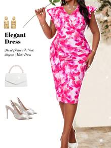 Fleurora Plus Size Women Floral Print V-Neck Cap Sleeve Fitted Elegant Summer Holiday Dress Cruise Outfits Women