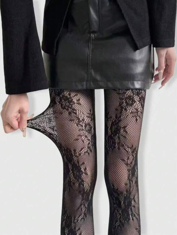 ROMWE Kawaii Fashionable & Sexy Floral Print High Elasticity Bodystocking Fishnet Tights