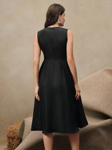 Anewsta 2025年夏季新款法式优雅圆领黑色亮片A字长裙，适合春季、节日、优雅、假日、度假、早午餐女性服装 - 黑色 - 查看 2