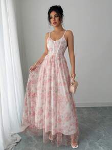 Elenzga 碎花无袖束腰 A 字形网眼优雅浪漫女士夏季连衣裙，适合毕业和度假 - 彩色 - 查看 1