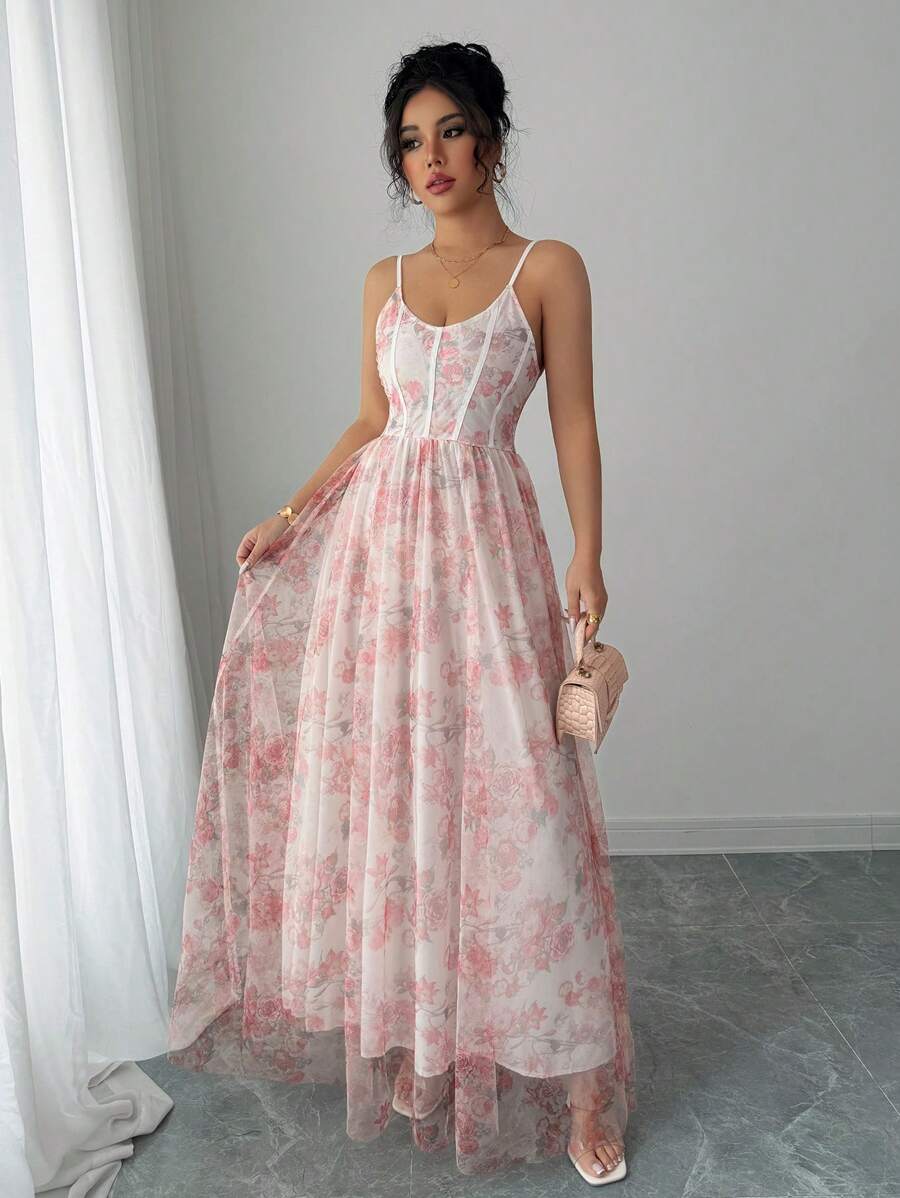 Elenzga 碎花无袖束腰 A 字形网眼优雅浪漫女士夏季连衣裙，适合毕业和度假 - 彩色 - 查看 1