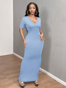 SHEIN SXY 女式纯色 V 领修身短袖连衣裙 Hoco Dresses - 淺藍色 - 查看 7