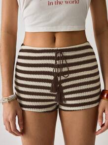 Brown & White Striped Knit Twist Fringe Decor Bodycon Shorts - Brown - View 4