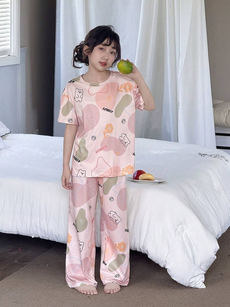 SHEIN Leap Crew 2 件套青少年女孩卡通印花宽松圆领短袖上衣和裤子休闲睡衣家居服套装 - 卡其色 - 查看 1