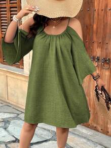 SHEIN Holidaya Plus Size V-Neck Cinched Waist Pleated Slit Flared 3/4 Sleeve Casual A-Line Midi Dress Women Women Dresses Birthday Women Plus Sun Dress Women Short Dresses Summer Women Casual Dress Women Plus Clothing Business Casual Women S White Dress Work Summer Dresses Women Dresses Elegant Gown