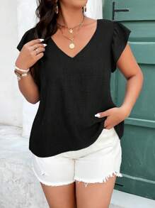 SHEIN Frenchy 大码女式V领系带盖袖修身蓝色休闲衬衫，2025年春夏新品 - 黑色 - 查看 4