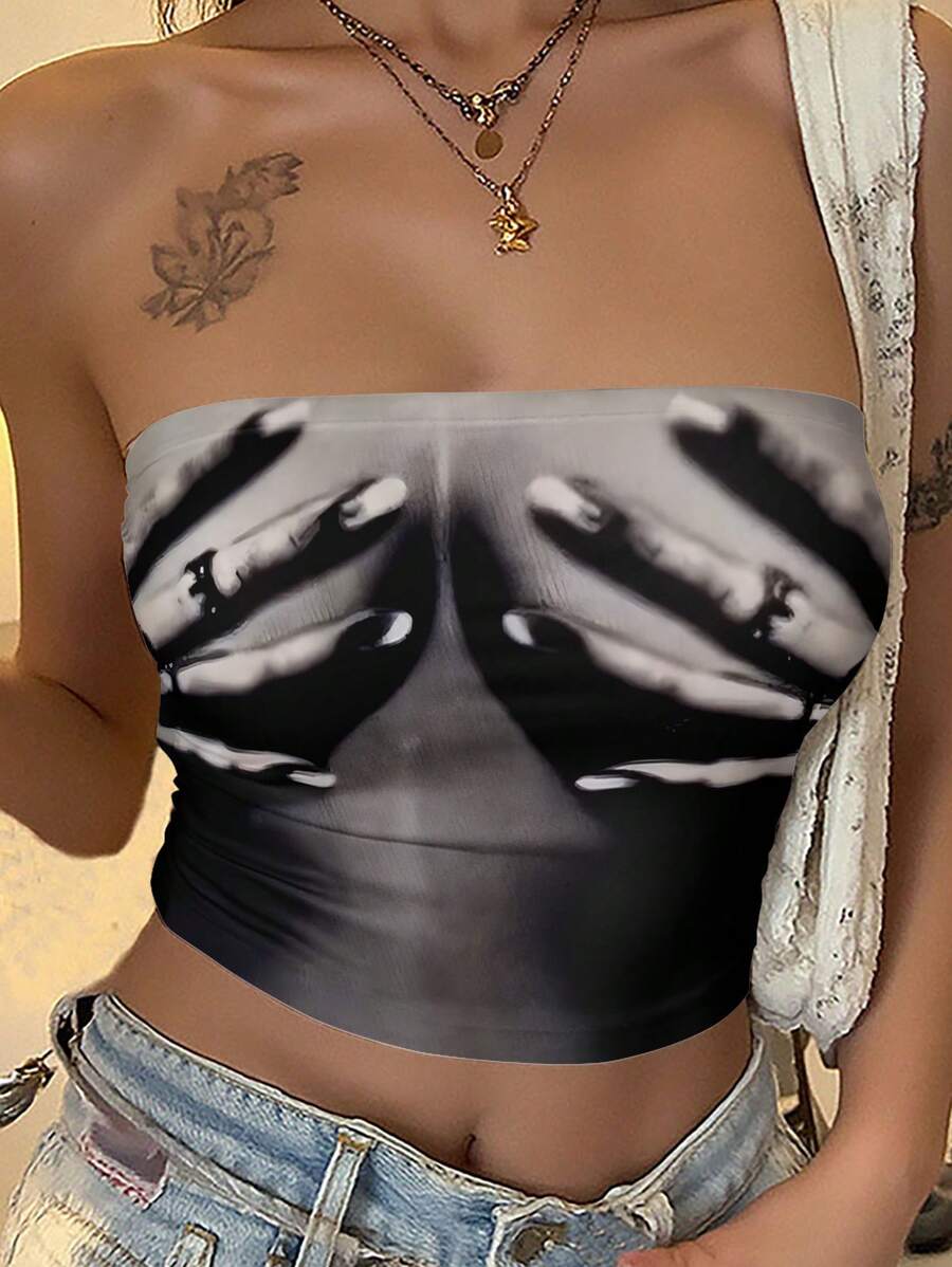 StreetHx Women's Summer Digital Printed Tube Top, Punk Y2K Subculture Sexy Chest Print Cropped Top