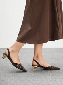 CUCCOO BIZCHIC Brown Textured Stone Pattern Women's Square Toe Electroplated Heel Fashion Pumps - Brown - View 3