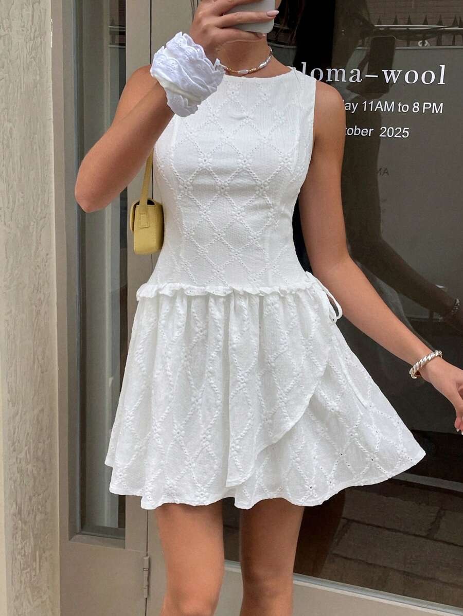 SHEIN Essnce 女式休闲纯色纹理迷你连衣裙,夏季 - 白色 - 查看 1