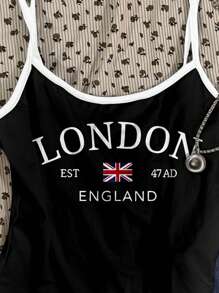 Attitoon Women's Black & White LONDON Text Graphic Print Casual Sexy Camisole Tank Top, Suitable For Summer Back To School - Black - View 4