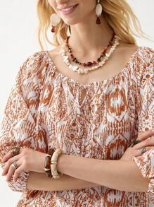 Florisole Áo cánh tay 3/4 in xếp ly cổ tròn thanh lịch, rộng rãi, thắt eo, mùa xuân/hè - Nhiều màu - Xem 2