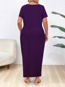 SHEIN LUNE 加大码纯色V领连衣裙，带口袋，短袖，夏季长款女装