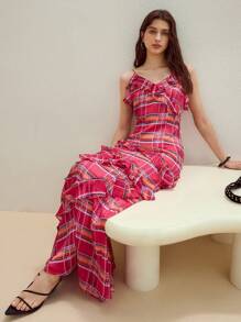 MOTF STUDIO PLAID RUFFLE TRIM CAMI DRESS - Red - View 4