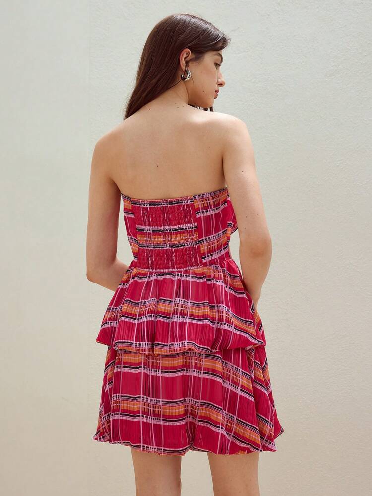 MOTF STUDIO PLAID BOW DECOR TUBE PUFFBALL DRESS
