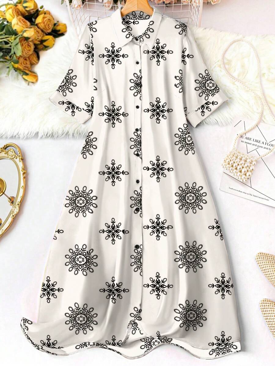 SHEIN LUNE 女式宽松纽扣短袖衬衫裙，印花图案，适合夏季长款女装