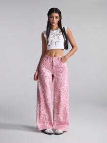SHEIN PETITE Women's Leopard Print Pocketed Wide Leg Loose Casual Fashion Jeans