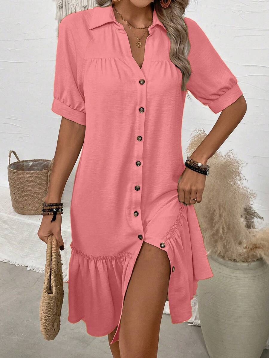 SHEIN LUNE Solid Color Turn-Down Collar Button Up Dress With Ruffle Hem Maxi Women Outfit - Pink - View 1