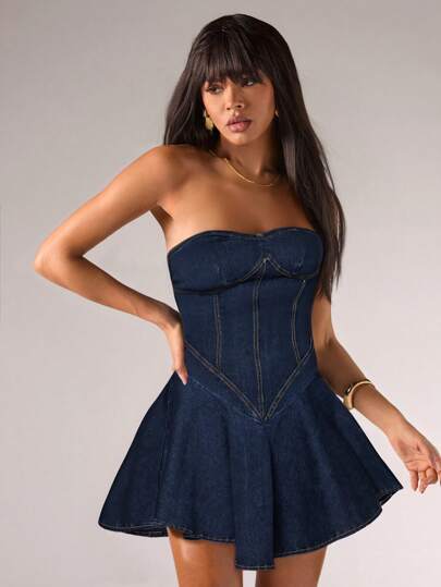 SHEIN BAE 波西米亚风露肩甜心领口A字度假牛仔迷你连衣裙，女式牛仔连衣裙，紧身连衣裙，夏季服装，女士夏季连衣裙，性感连衣裙和抹胸连衣裙，狂欢服装，Y2k服装，度假连衣裙，蓬松连衣裙