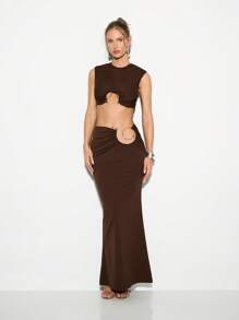 KIZN 镂空短款上衣 无袖紧身高领褶饰金属环装饰俱乐部派对节日 Y2K 时尚夏季春季个性上衣现代当代舞蹈