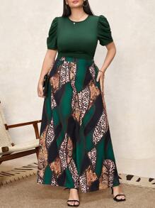 Chikora 2 pezzi di tute da donna taglie forti - top a maniche a palloncino con scollo tondo in colore unito e pantaloni a zampa di leopardo
