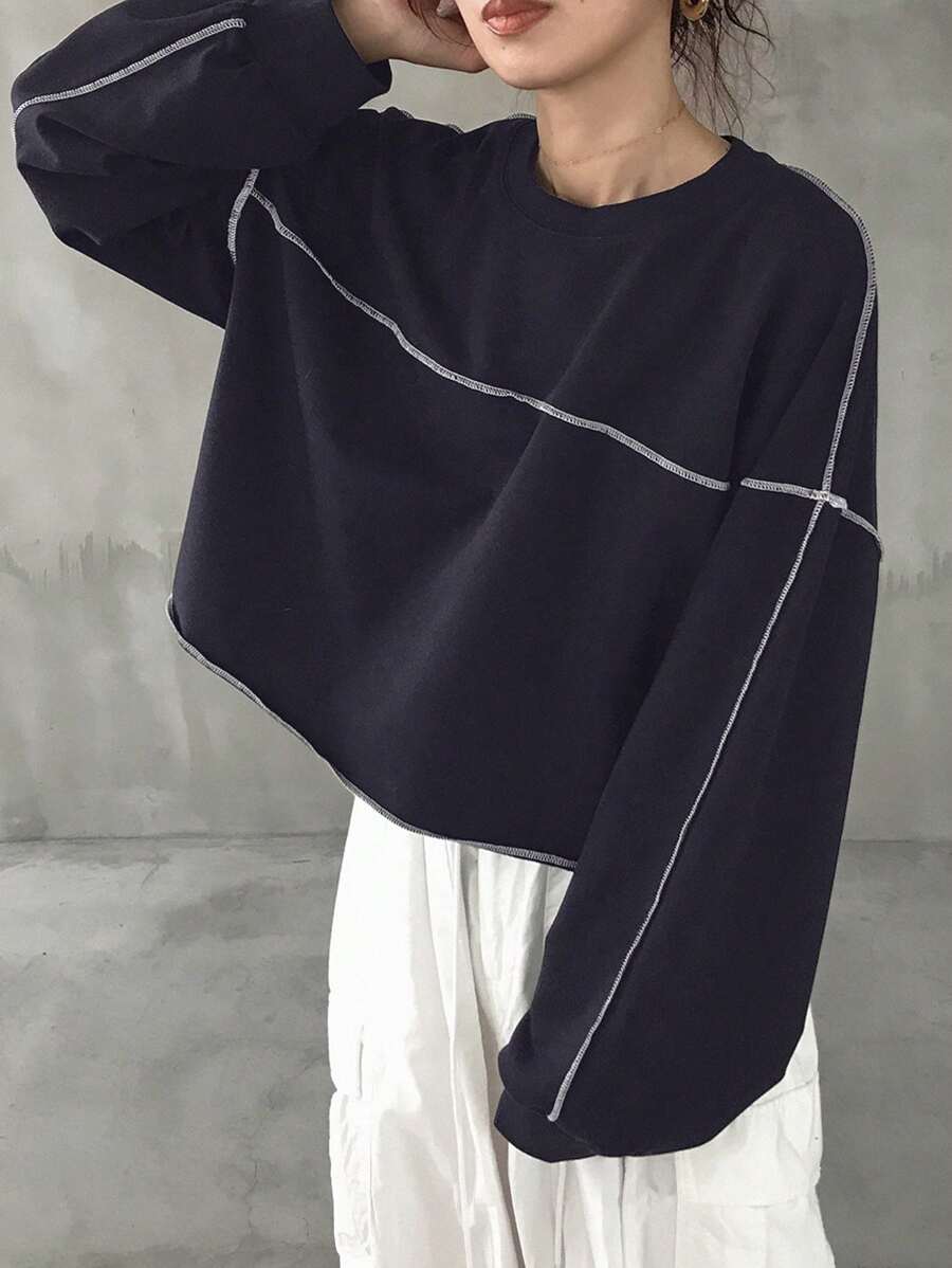 FRIFUL 女式超大短款圆领 T 恤,撞色缝线,春季、秋季服装长袖女式上衣 - 藏蓝色 - 查看 1