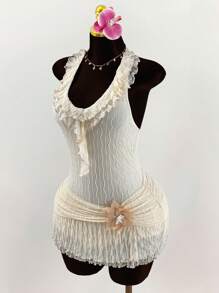 Amplova Ruffled Wrap-Around Ribbon Tie Neck Backless Floral Lace Trim Bodycon Mini Dress