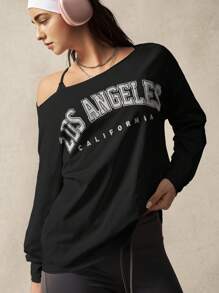 VARSITIE Top de antrenament cu mânecă lungă, lejer, cu guler înclinat, tricou imprimat cu mânecă lungă