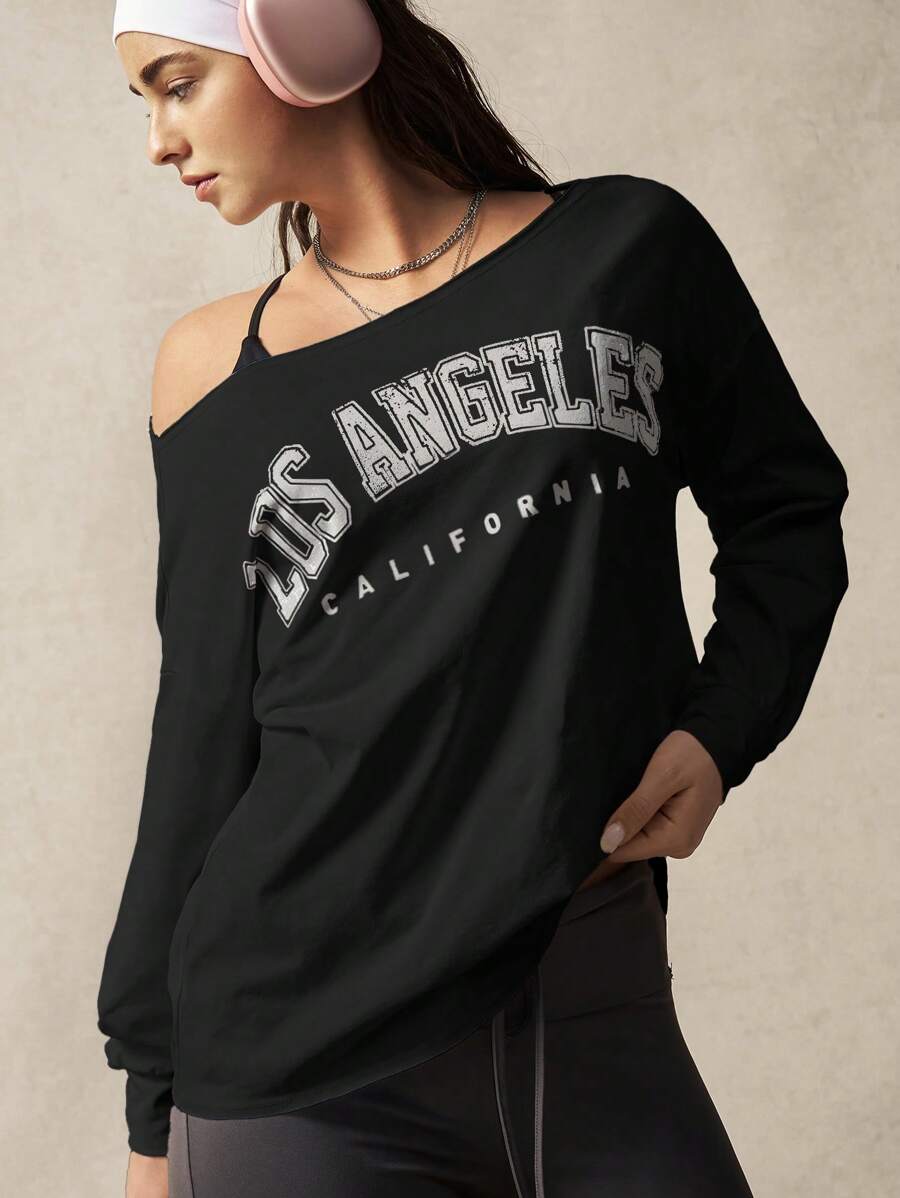 VARSITIE Top de antrenament cu mânecă lungă, lejer, cu guler înclinat, tricou imprimat cu mânecă lungă