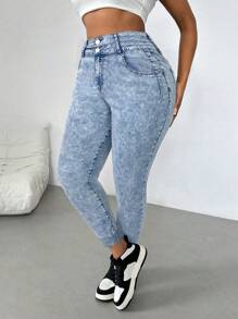 SHEIN EZwear Plus Size Blue Stretch Skinny Jeans, Winter High Waisted Summer Vacation Cowgirl Western Festival Y2k Cowboy Streetwear Gyaru 2000s Jeans - Blue - View 4