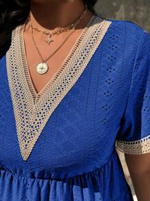 SHEIN Clasi Plus Size V-Neck Lace Patchwork Casual Short Sleeve Shirt - Navy Blue - View 6