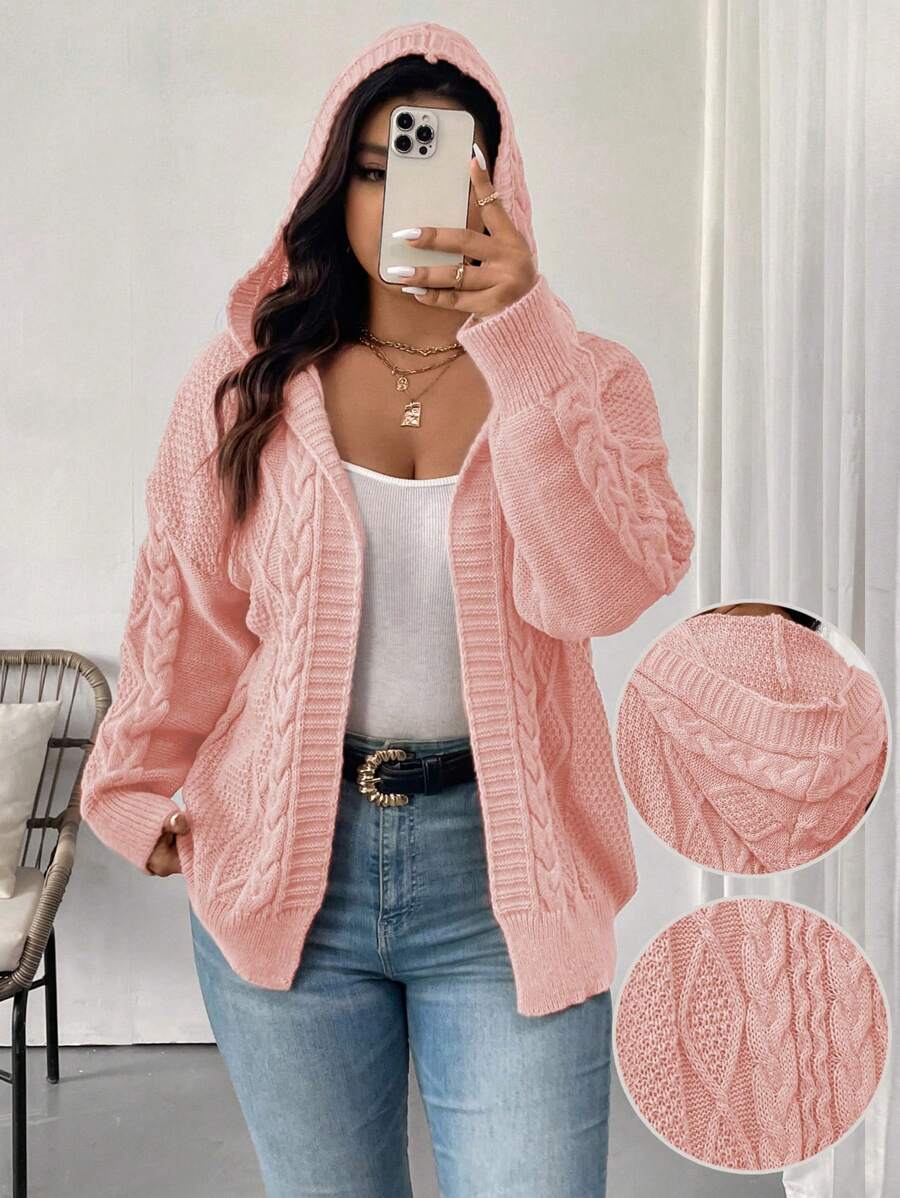 Plus Size Women Solid Color Drop Shoulder Long Sleeve Loose Casual Hooded Cardigan, Autumn/Winter