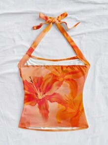 SHEIN WYWH 大码女式扎染热带花卉印花休闲宽松挂脖背心，夏季 - 黃色 - 查看 2