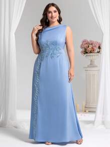 SHEIN Belle 加大码高端晚礼服，优雅奢华派对礼服，适合成熟女性，正式，适合婚礼宾客 - 藍色 - 查看 3