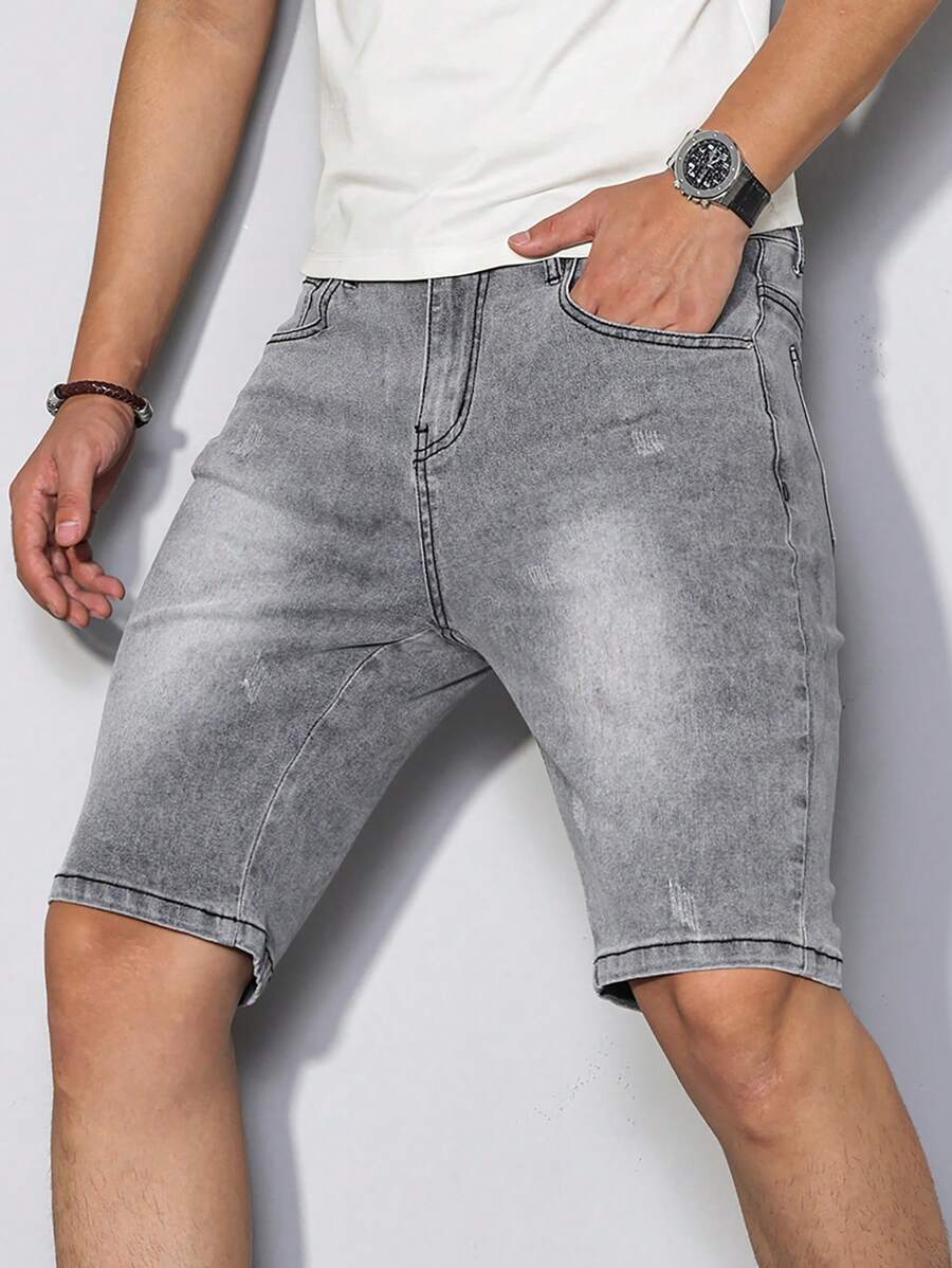 Manfinity Homme Plus Size Men's Fashionable Denim Grey Shorts, Suitable For Summer Going Out Urban Hang Out Work Vacation - Light Grey - View 1