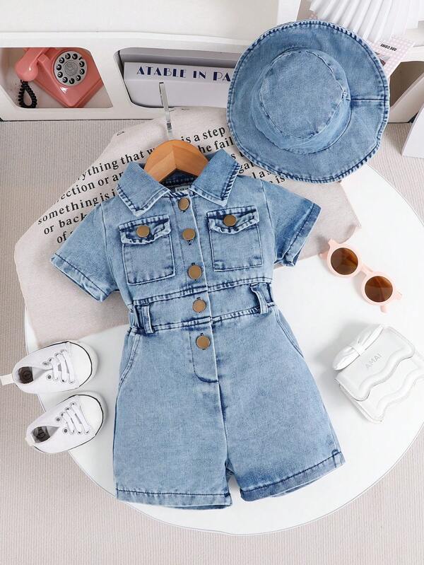 Macacão infantil (menina) elegante, casual, simples, jeans, manga curta, combinado com chapéu, roupa de verão